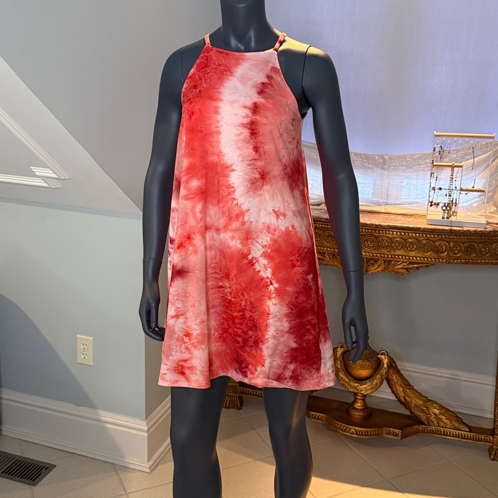 Red and White Tie-Dye Slip Dress